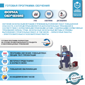 Комплект учебной программы "Обучение безопасным методам и приемам выполнения работ повышенной опасности, к которым предъявляются дополнительные требования в соответствии с нормативными правовыми актами, содержащими государственные нормативные требования охраны труда. Безопасные методы и приемы выполнения строительных работ, в том числе: – окрасочные работы; – электросварочные и газосварочные работы"