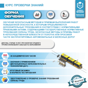 Обучение безопасным методам и приемам выполнения работ повышенной опасности, к которым предъявляются дополнительные требования в соответствии с нормативными правовыми актами, содержащими государственные нормативные требования охраны труда. Безопасные методы и приемы работ в непосредственной близости от полотна или проезжей части эксплуатируемых автомобильных и железных дорог